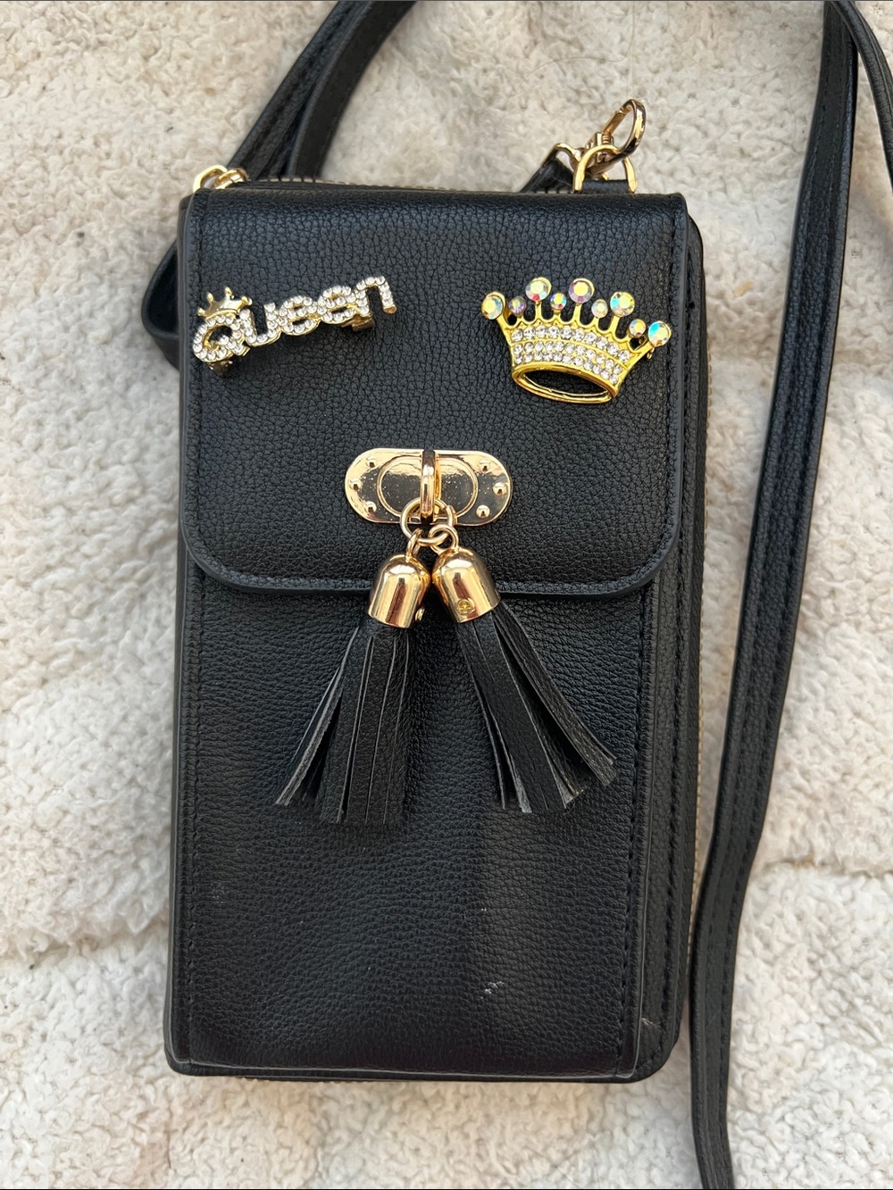 Black Crossbody Phone Bag with Tassels. two brooches added-Queen and crown.